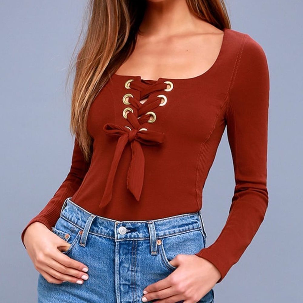 Free People Looking Back Rust Red Lace-Up Top NWOT
